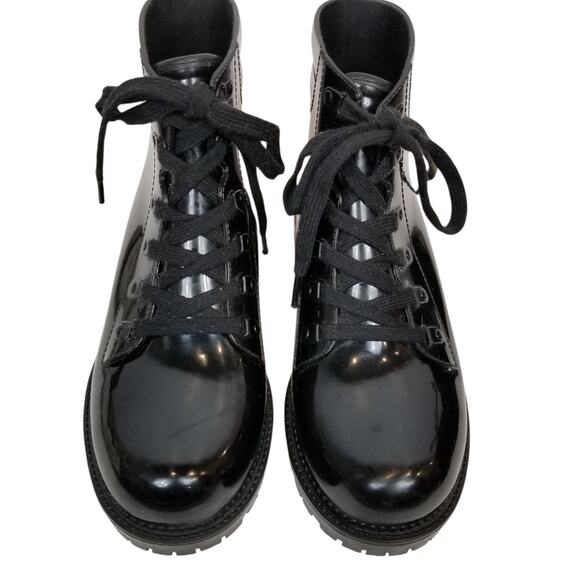 Circus by Sam Edelman Women's Black Lace Up Lug Sole Shiny Rubber Rain Boots 9 - Picture 2 of 11